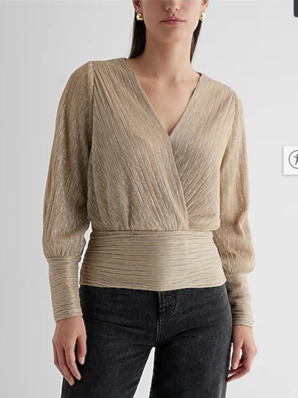 Express Metallic Gold Wrap-Front Long-Sleeve Surplice Top
